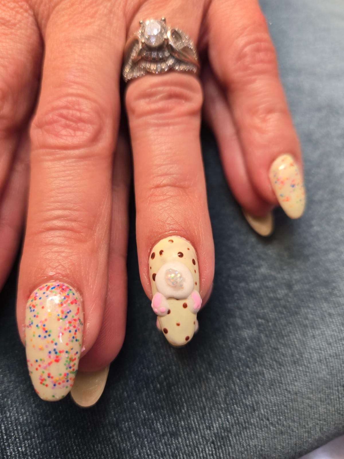 Milky white nail set with rainbow speckle and 3D bear art — Allegro Nail Parlour