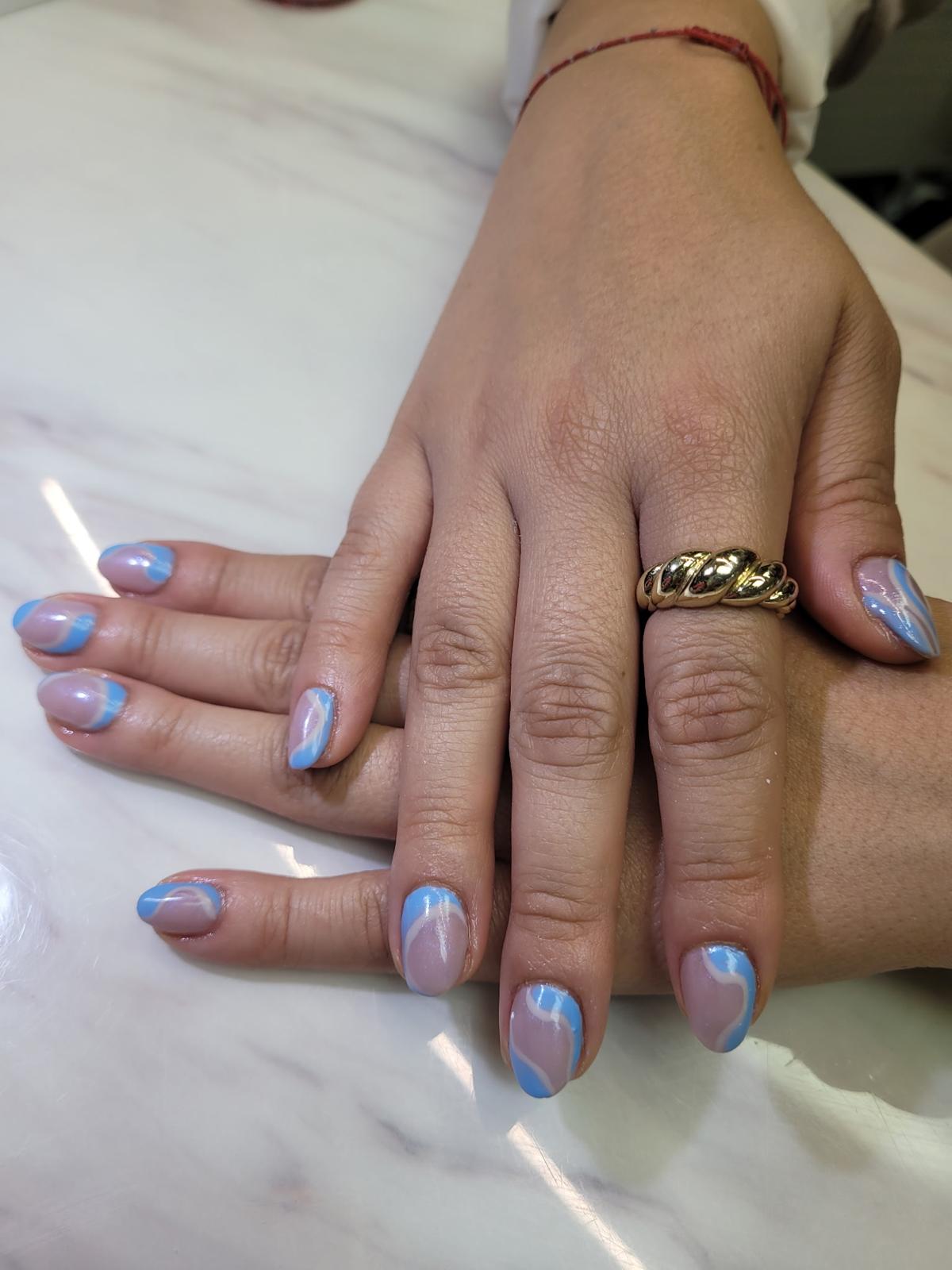 Fresh natural almond nails with sky-blue swirl design — Allegro Nail Parlour
