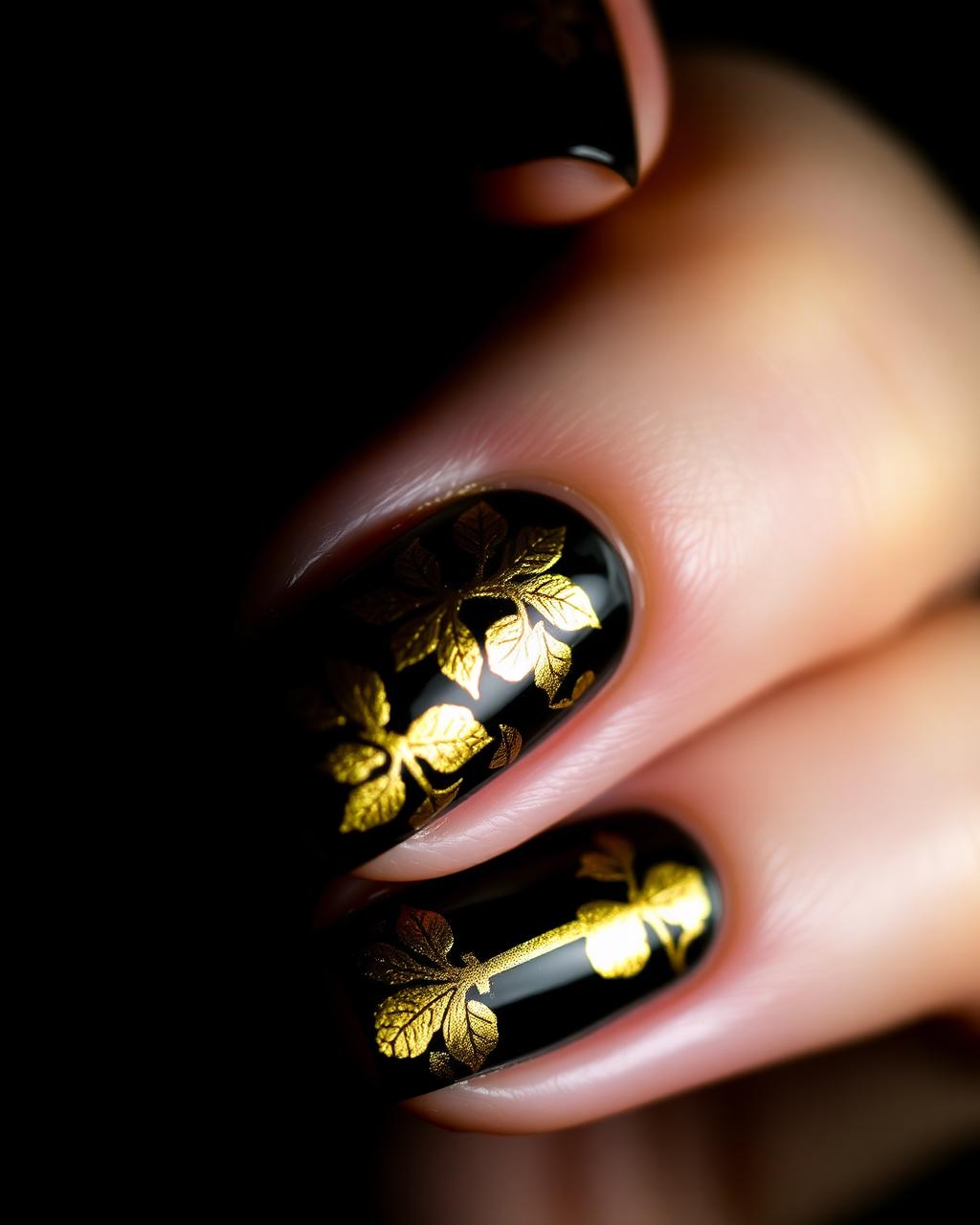 Black nails with gold leaf accent art