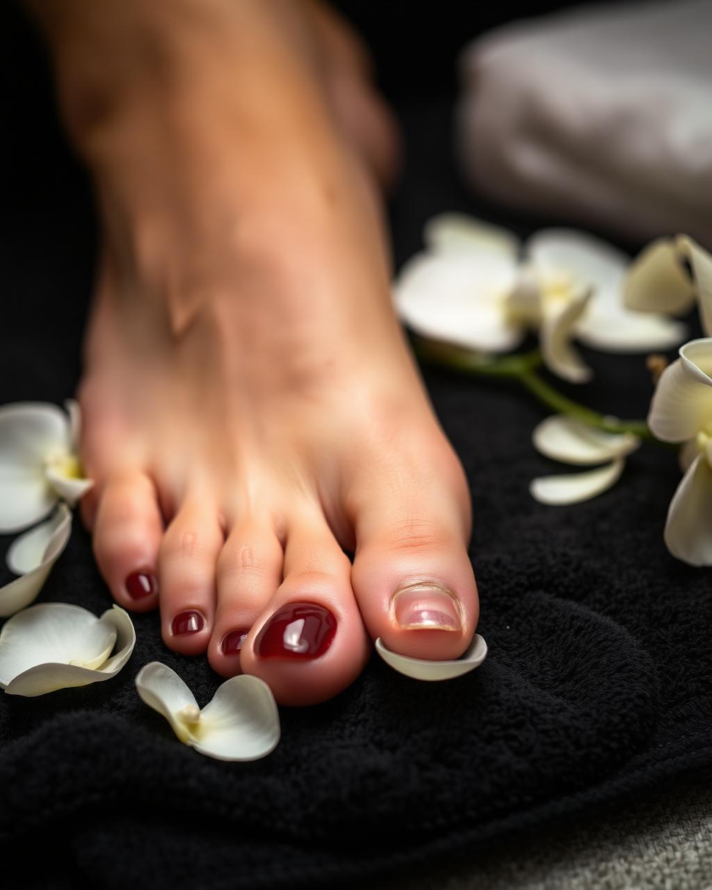 Deep red luxury pedicure with orchids
