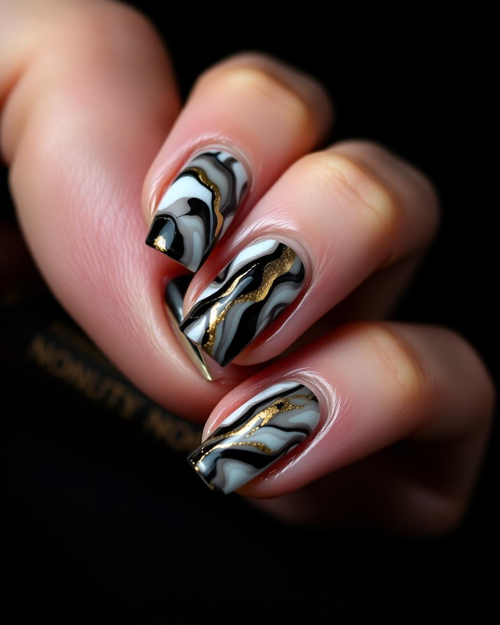Black and white marbled nail art with gold accents