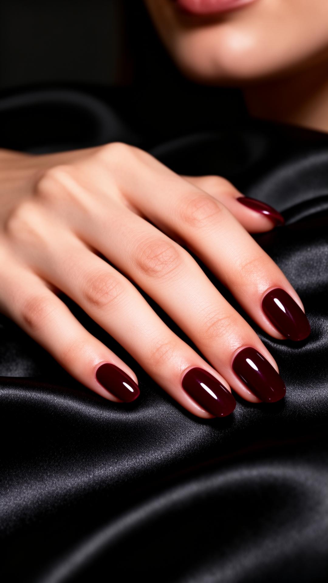 Burgundy gel manicure on black silk